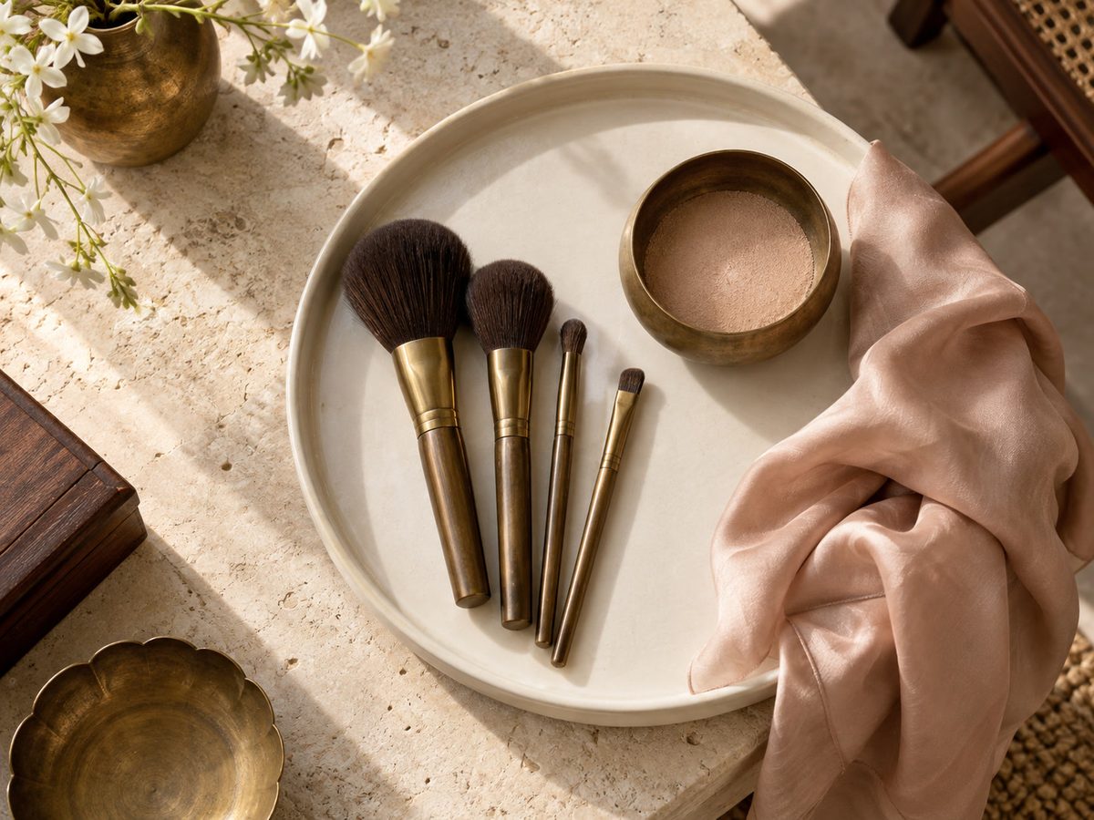 யாழ்ப்பாணம் காலை வெளிச்சத்தில் porcelain தட்டில் பித்தளை makeup brushes மற்றும் மடித்த பட்டுச் சேலை