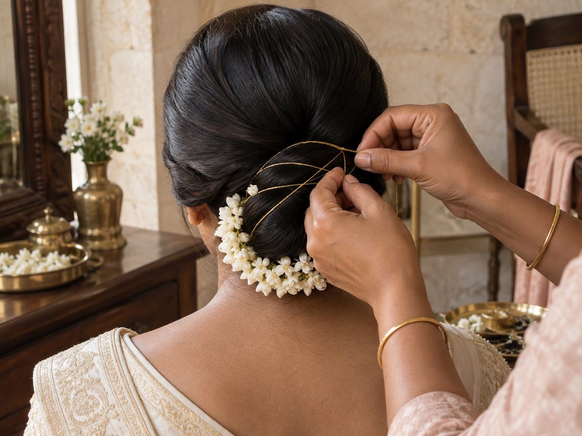 பின்னால் இருந்து தெரியும் கைகள் bridal bun பொருத்துகின்றன, கருங்கூந்தலில் தங்க நூல் — முகம் இல்லை