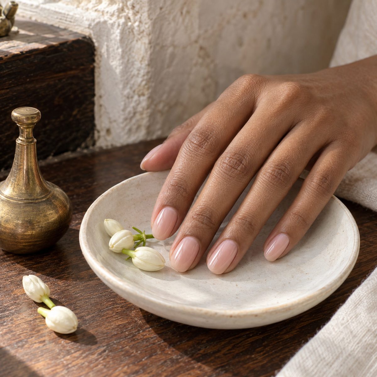 Porcelain தட்டில் gel nails, அருகில் மல்லிகை மொட்டுகள்