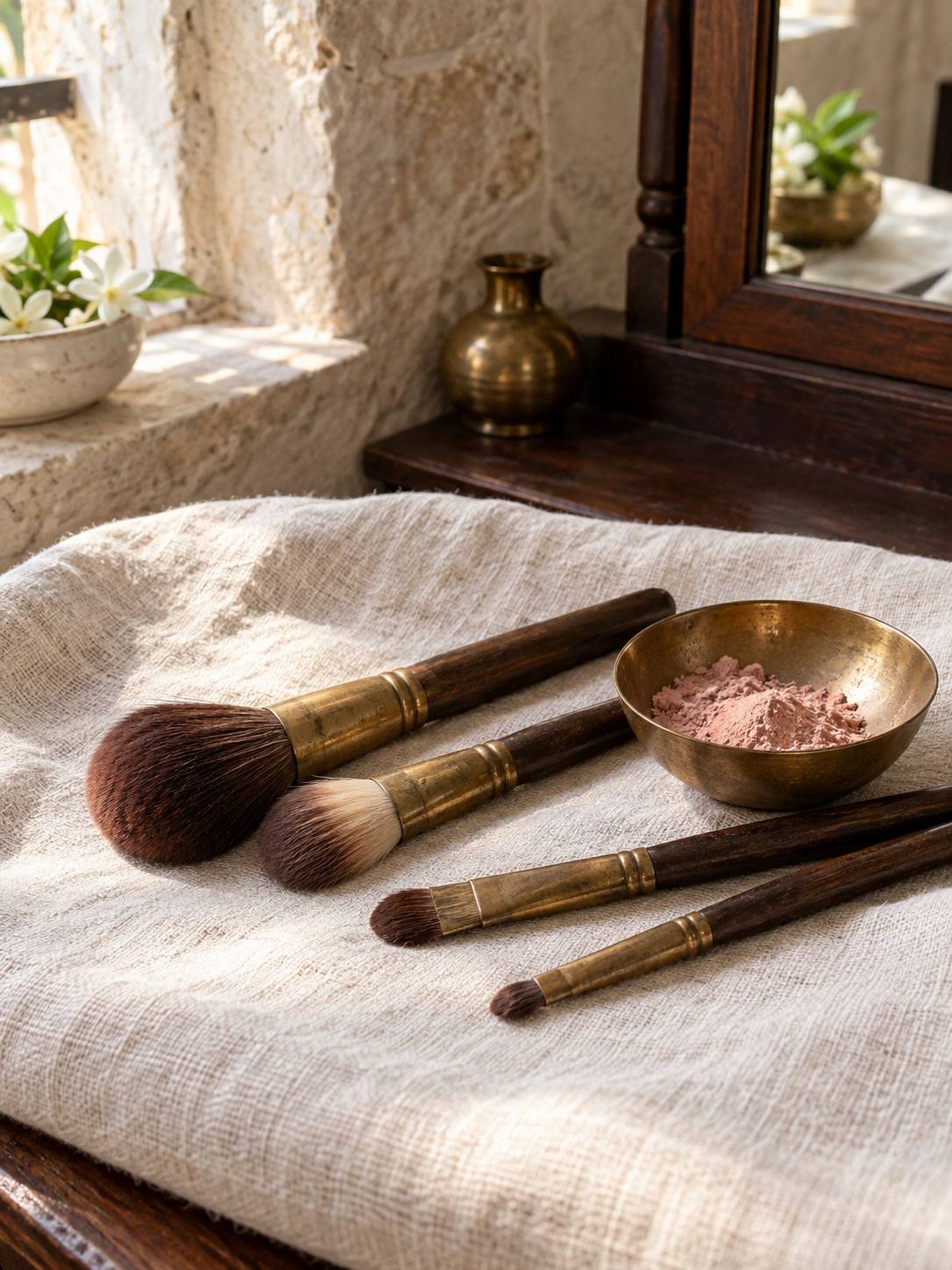 லினன் துணியில் பித்தளை makeup brushes மற்றும் சிறிய பித்தளைப் பொடிக் கிண்ணம்