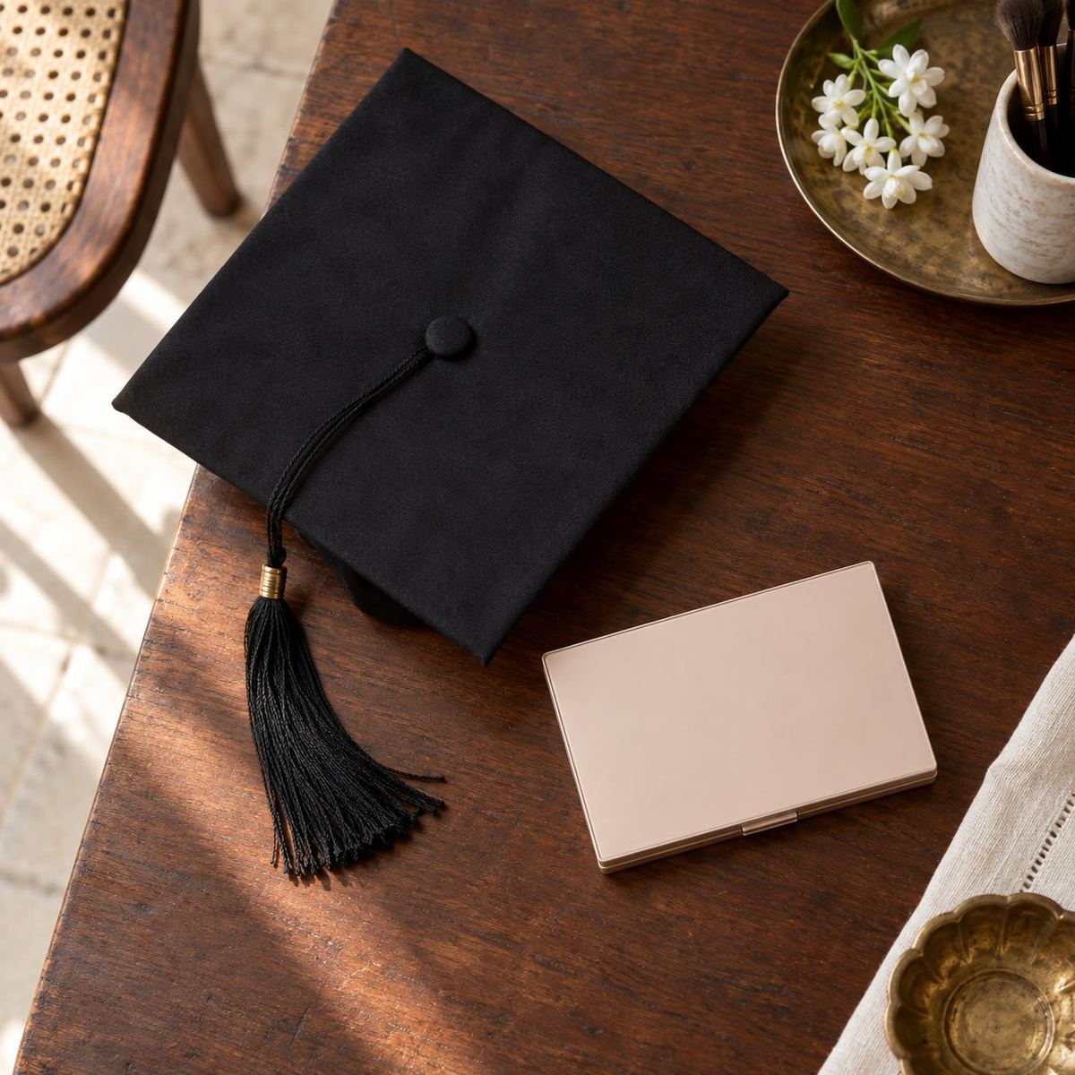 தேக்கு மேசையில் graduation-cap tassel மற்றும் makeup palette, மேலிருந்து வெளிச்சம்