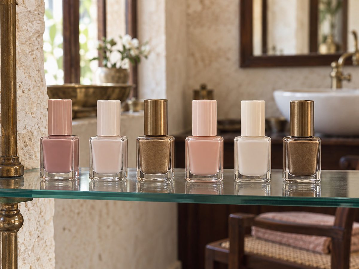 கண்ணாடி அலமாரியில் blush மற்றும் brass நிற nail lacquer புட்டிகள் வரிசை
